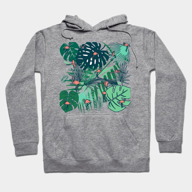 Flamingos and tropical leaves Hoodie by bruxamagica